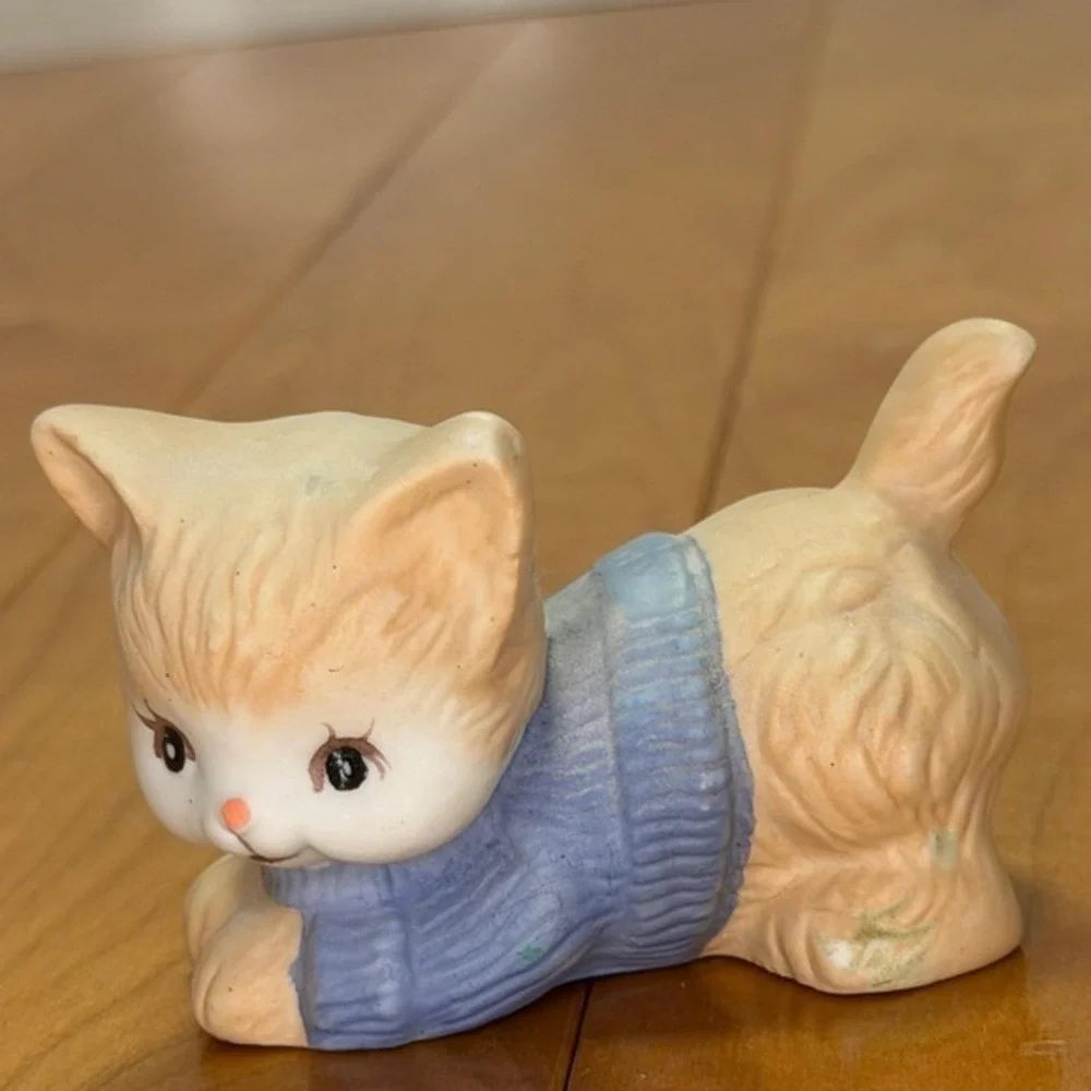 Vintage Ceramic Kitten Figurine – Cat in Blue Sweater Matte Finish Whimsical 3